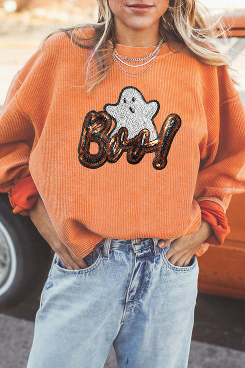 Sequin Ghost Letter Graphic Corded Texture Sweatshirt