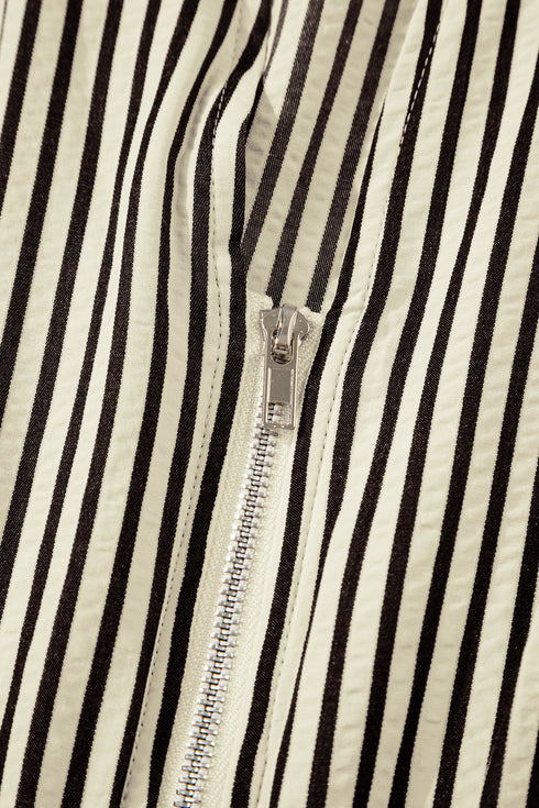 Modern Striped Zip Front Cinched High Waist Midi Dress