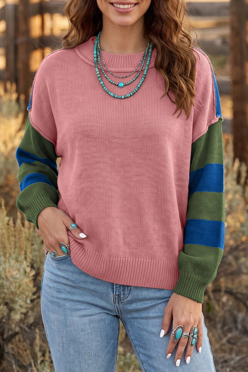 Western Patchwork Striped Long Sleeve Pullover Sweater