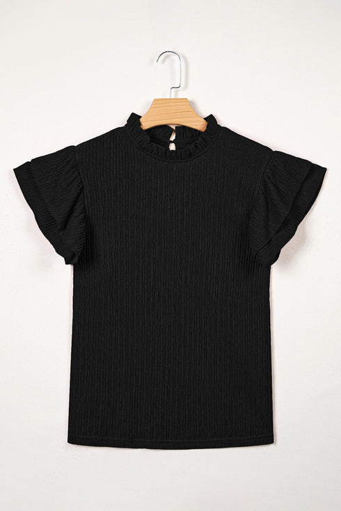 Ruffle Trim Solid Textured Short Sleeve Blouse