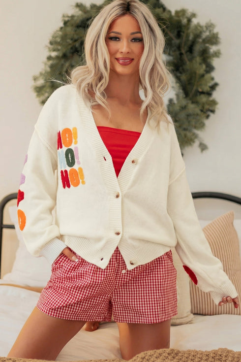 Slogan V Neck Button Front Embroidered Knit Cardigan