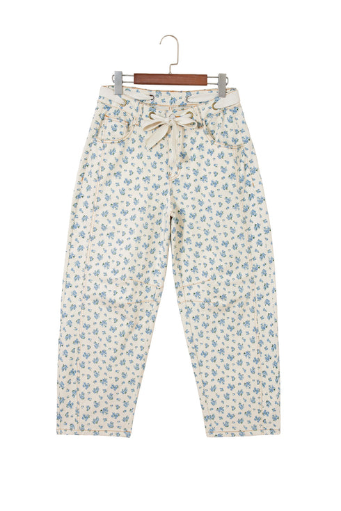 Grommet Knot Waist Floral Barrel Jeans
