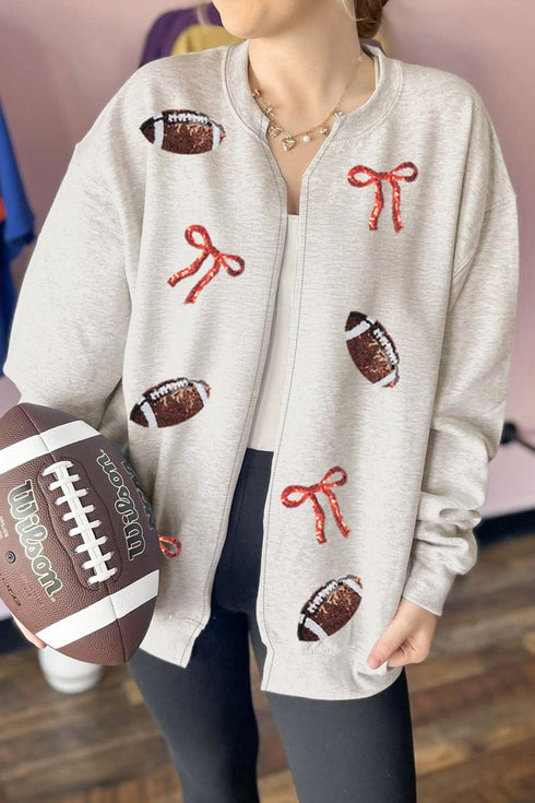 Sequin Bow Rugby Pattern Hoodless Graphic Sweatshirt