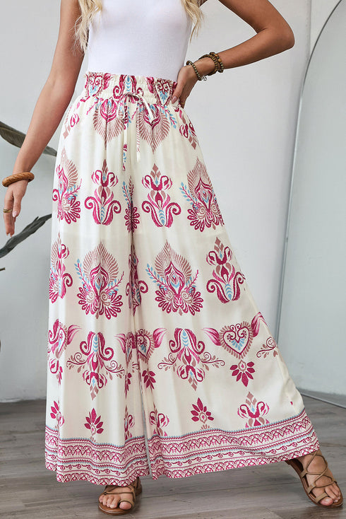 Bohemian Printed Smocked High Waist Wide Leg Pants