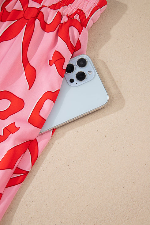 Bow Print Long Sleeve Wide Leg Sleepwear