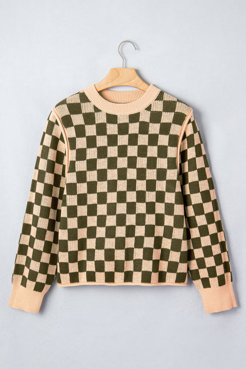 Checkered Drop Shoulder Long Sleeve Knit Sweater