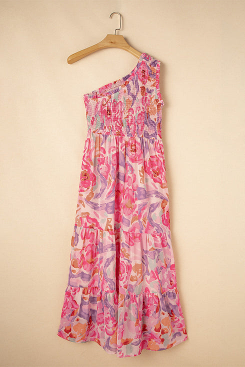 Abstract Floral Shirred One Shoulder Maxi Dress