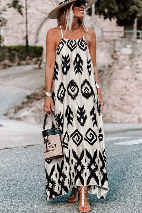 Abstract Geometric Pattern Sleeveless Flowy Maxi Dress