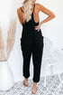 Exclusive Textured Ribbed Sleeveless V Neck Pocketed Jumpsuit