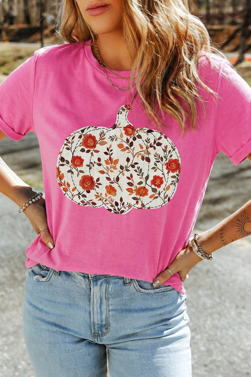 Floral Pumpkin Printed Graphic Round Neck Statement Tee