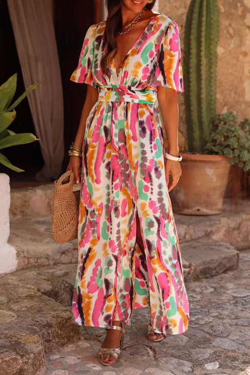 Abstract Print Flutter Sleeve V Neck Maxi Dress