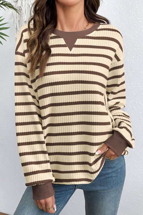 Striped Pattern Patchwork Ribbed Cuff Pullover Sweatshirt