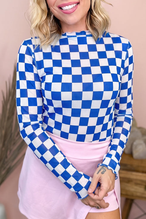 Plaid Pattern Mesh Sheer Long Sleeve Top
