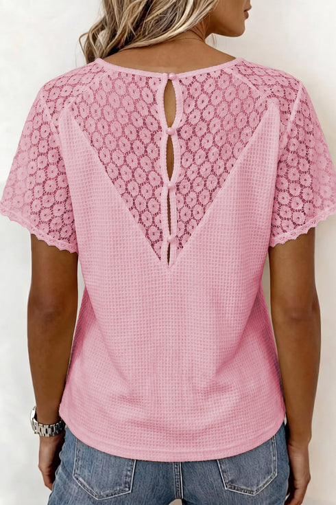 Lace Splicing Button Cutout V Neck Waffle Knit Blouse