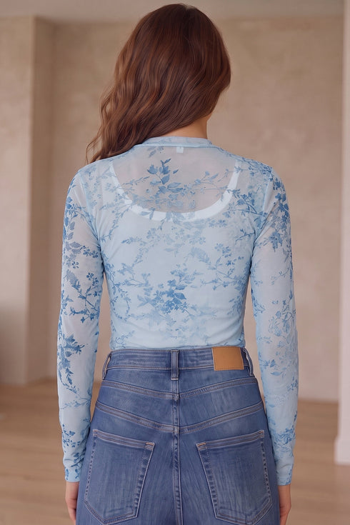 Sheer Mesh Floral Printed Mock Neck Long Sleeve Bodysuit