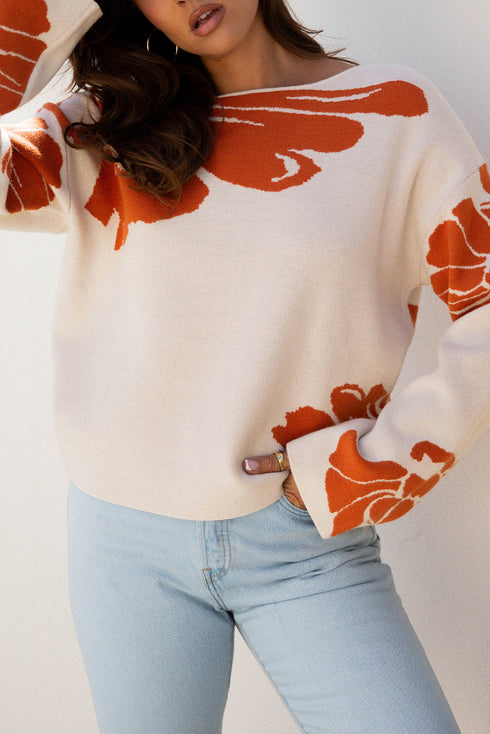 Abstract Botanical Print Boat Neck Knit Pullover Sweater