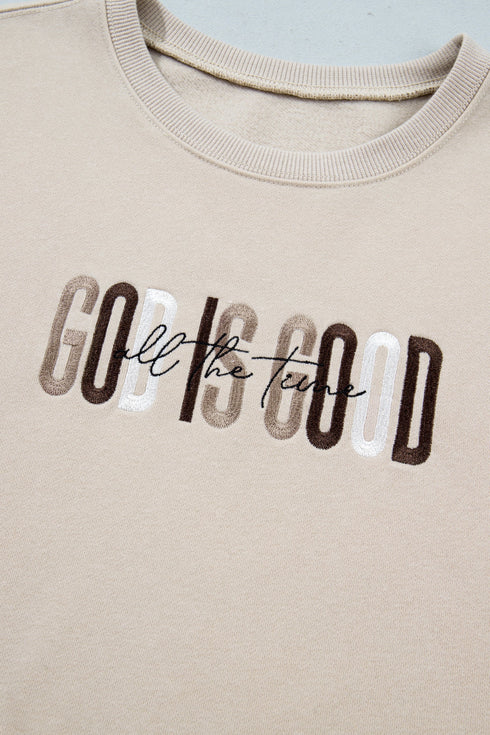 God Is Good Western Embroidered Letter Crewneck Pullover Sweatshirt