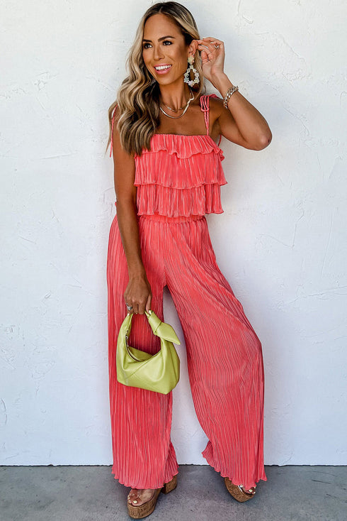 Solid Ruffle Tiered Cami Pleated Wide Leg Pant Sets