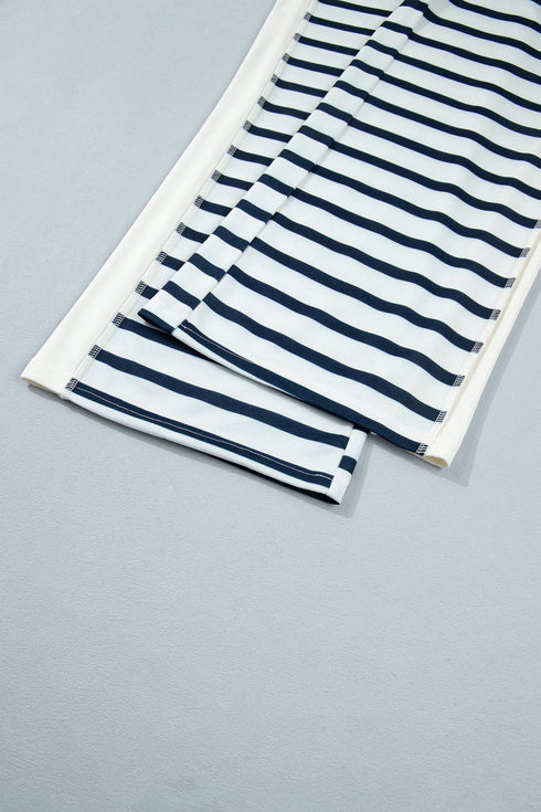 Striped Ribbed Cuff Collar Pocket Loose Pant Set