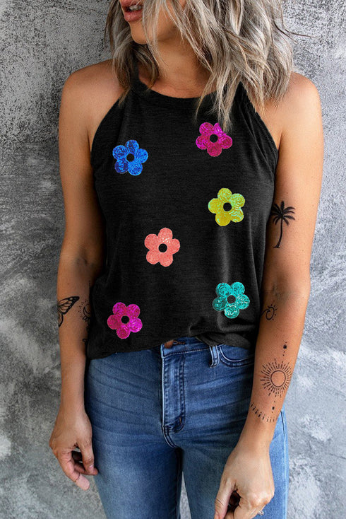 Sequin Floral Patch High Neck Sleeveless Tank Top