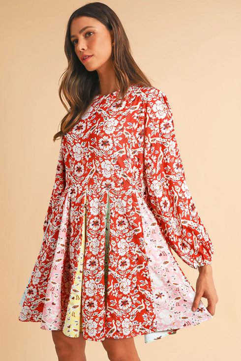 The Isabella Floral Patchwork Long Sleeve Pleated Mini Ensemble