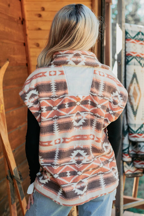 Geometric Print Fleece Metal Button Placket Shift Silhouette Vest