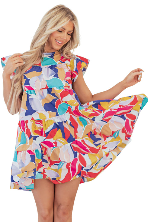 Abstract Print Ruffled Flutter Sleeve A-Line Mini Dress