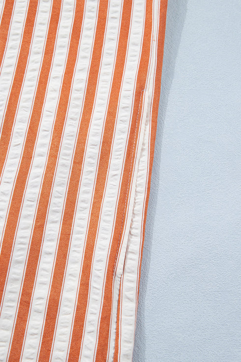 Striped Pinched V Neck Cuffed Shift Mini Dress