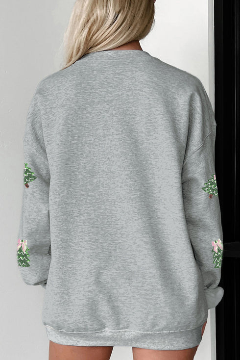 Sequined Decorated Tree Graphic Drop Shoulder Pullover Sweatshirt