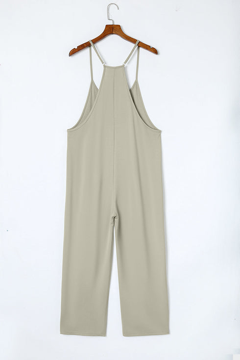 Solid Casual Adjustable Spaghetti Strap Straight Leg Jumpsuit