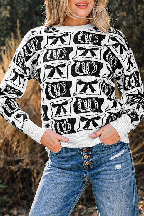 Bows Horseshoes Pattern Western Fashion Print Sweater
