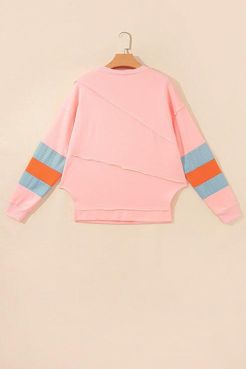 Raw Edge Striped Patchwork Panel Long Sleeve Top