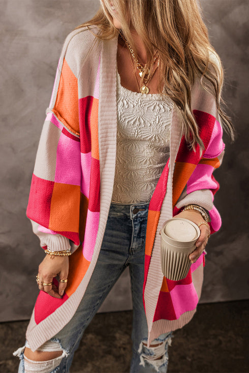 Checkered Drop Shoulder Exposed Seam Open Front Cardigan