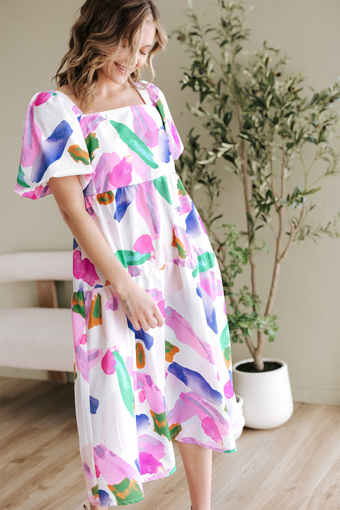 Abstract Brushstroke Square Neck Tiered Midi Dress