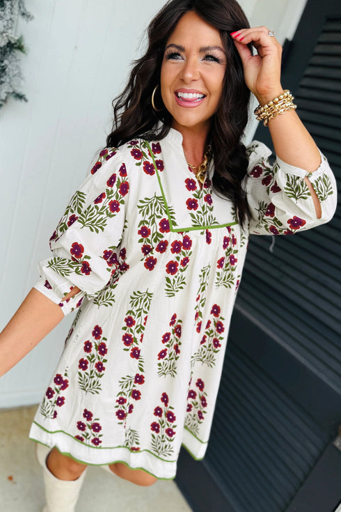 Frilled V Neck Three Quarter Sleeve A Line Floral Dress