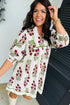 Frilled V Neck Three Quarter Sleeve A Line Floral Dress