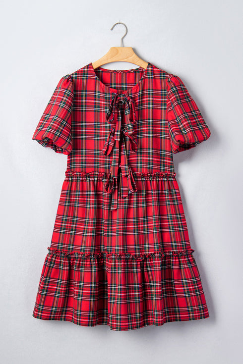 Plaid Knot Neck Short Sleeve Shift Midi Dress
