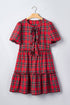 Plaid Knot Neck Short Sleeve Shift Midi Dress