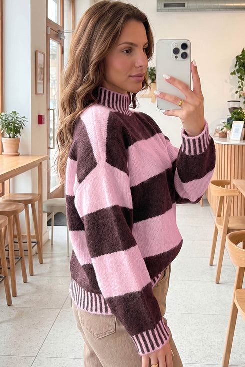 Striped Panel High Neck Drop Shoulder Relaxed Pullover Sweater