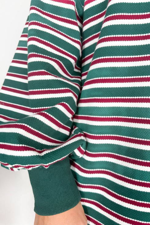 Striped Waffle Knit Round Neck Long Sleeve Sweatshirt