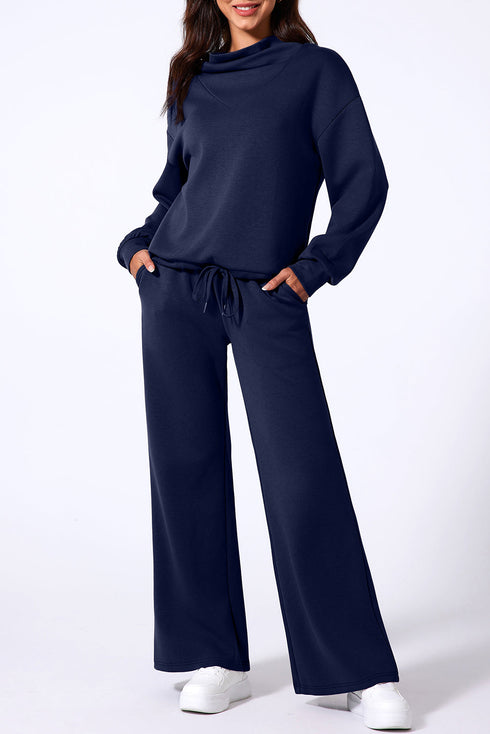 Cowl Neck Drawstring Pullover Wide Leg Athleisure Pant Set