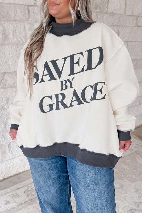 Saved By Grace Letter Print Mock Neck Sweatshirt