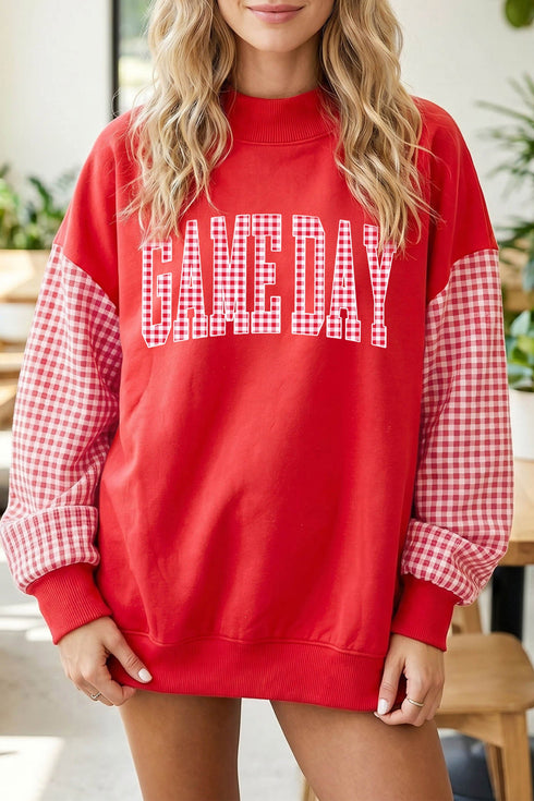 Plaid Pattern Sleeve Mock Neck Graphic Sweatshirt