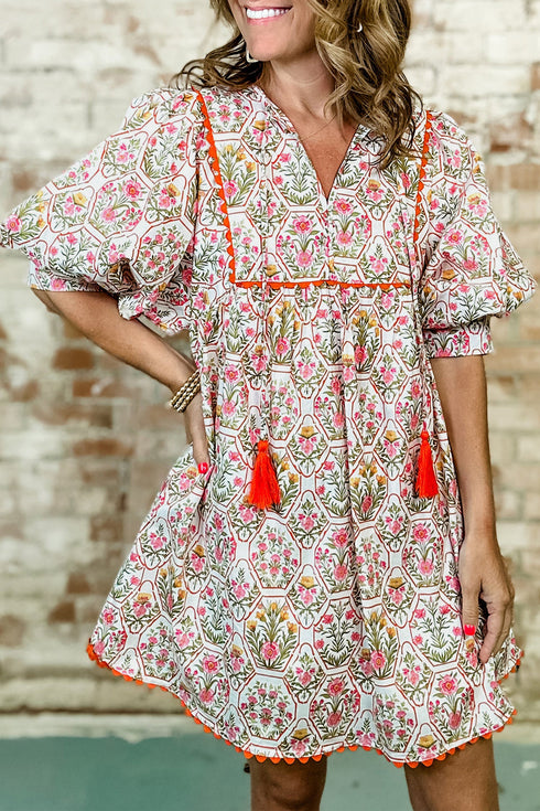 All Over Print Tassel Tie Rick Rack Floral Dress