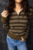 Striped Ribbed Knit Button Detail Collared Sweater