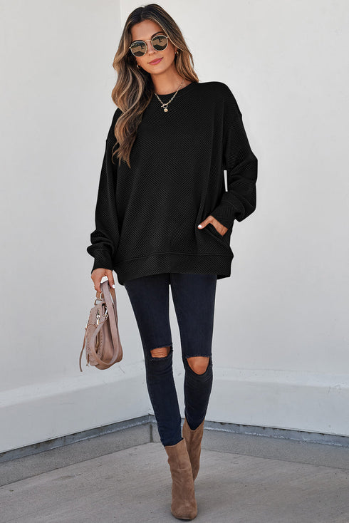 Textured Round Neck Drop Shoulder Pullover Sweatshirt