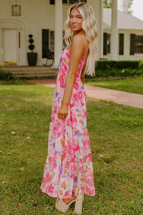 Abstract Floral Shirred One Shoulder Maxi Dress