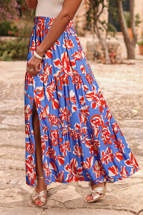 Bohemian Floral Print Tiered Split Maxi Skirt