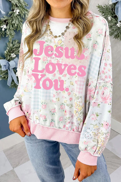 Jesus Loves You Floral Patchwork Pullover Sweatshirt