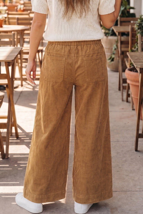 Elastic Waist Wooden Button Placket Ankle Length Wide Leg Pants